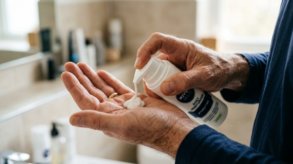 Aplicación diaria de crema hidratante con filtro solar para proteger el rostro masculino.