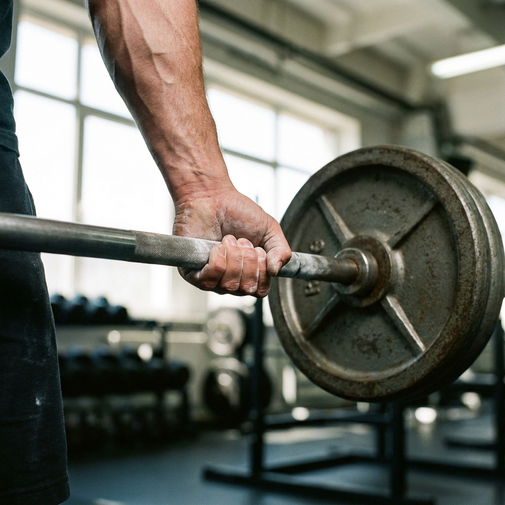 Barra con discos de peso listos para un entrenamiento de fuerza para hombres