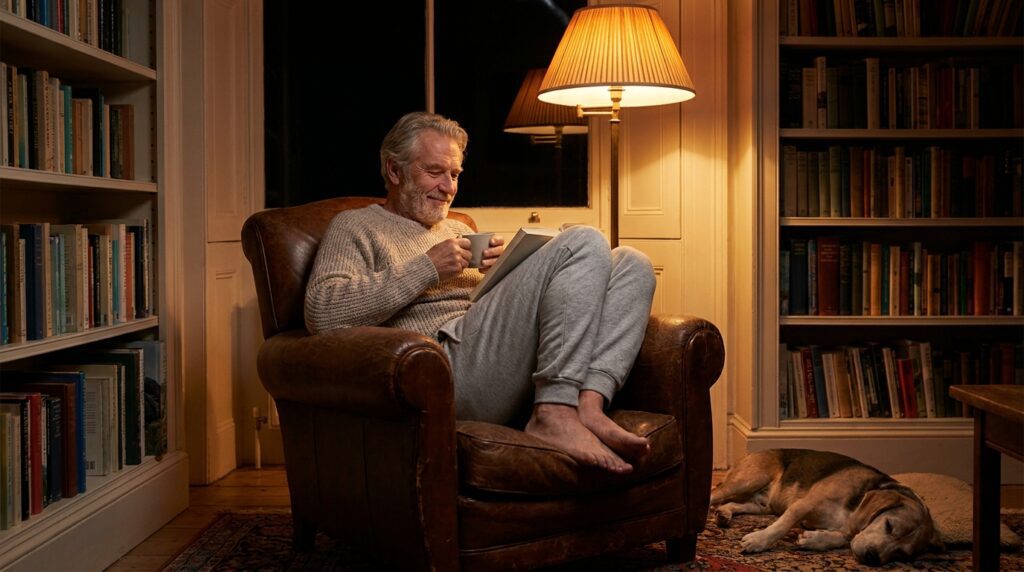 Caballero disfrutando de un momento de meditación y observación consciente en su hogar.