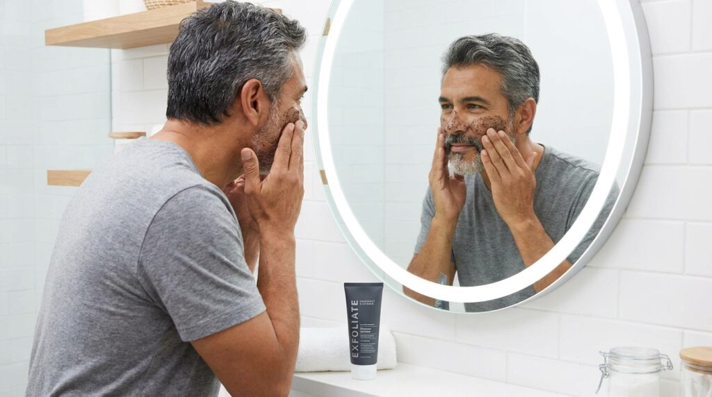 Caballero maduro aplicando exfoliante facial para limpiar las células muertas de su rostro.