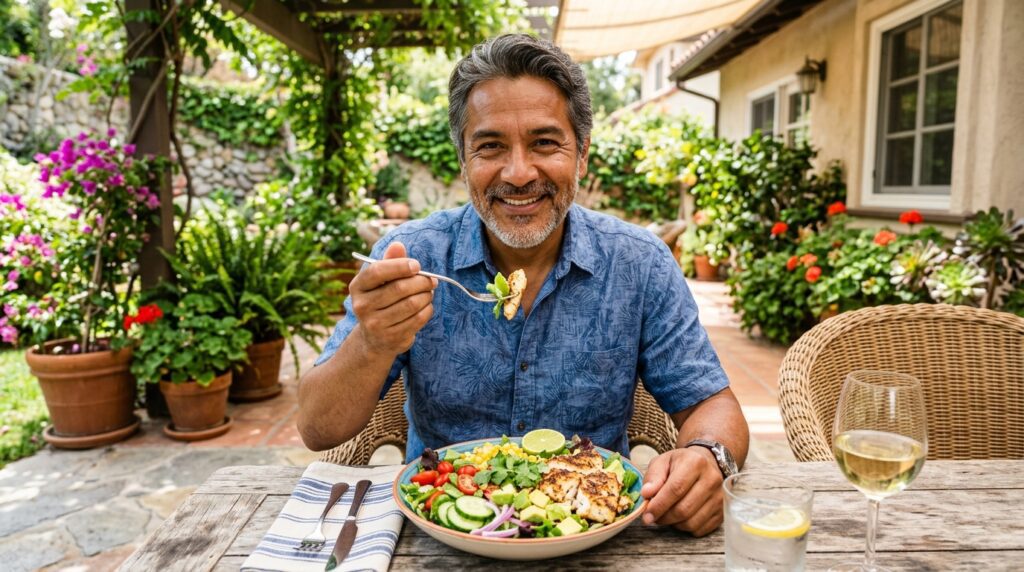 Caballero maduro siguiendo un patrón de alimentación saludable para cuidar sus arterias.