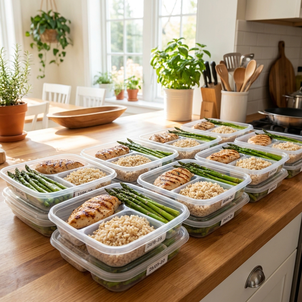 Comida preparada y saludable en porciones para controlar la dieta diaria.