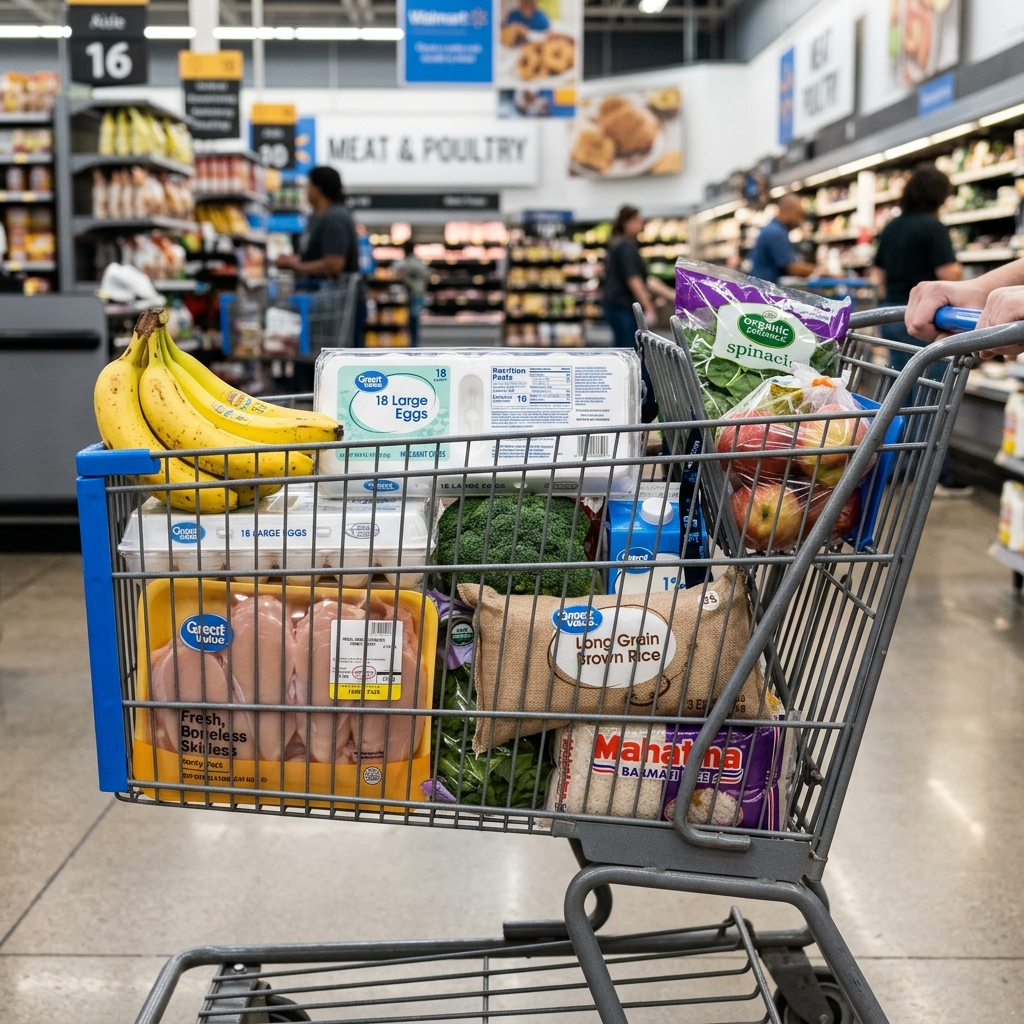 Compras de alimentos saludables y económicos ricos en proteínas para la musculación.