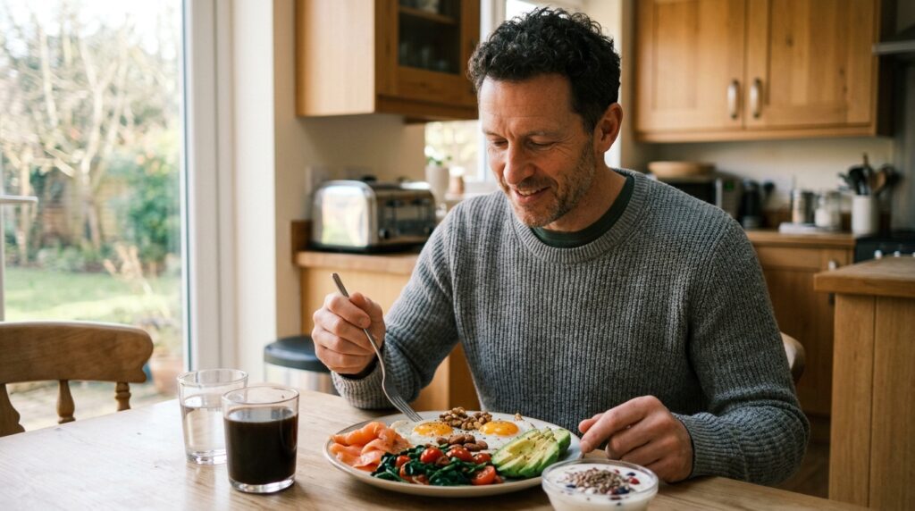 Desayuno rico en grasas saludables y proteínas para favorecer la producción de testosterona.
