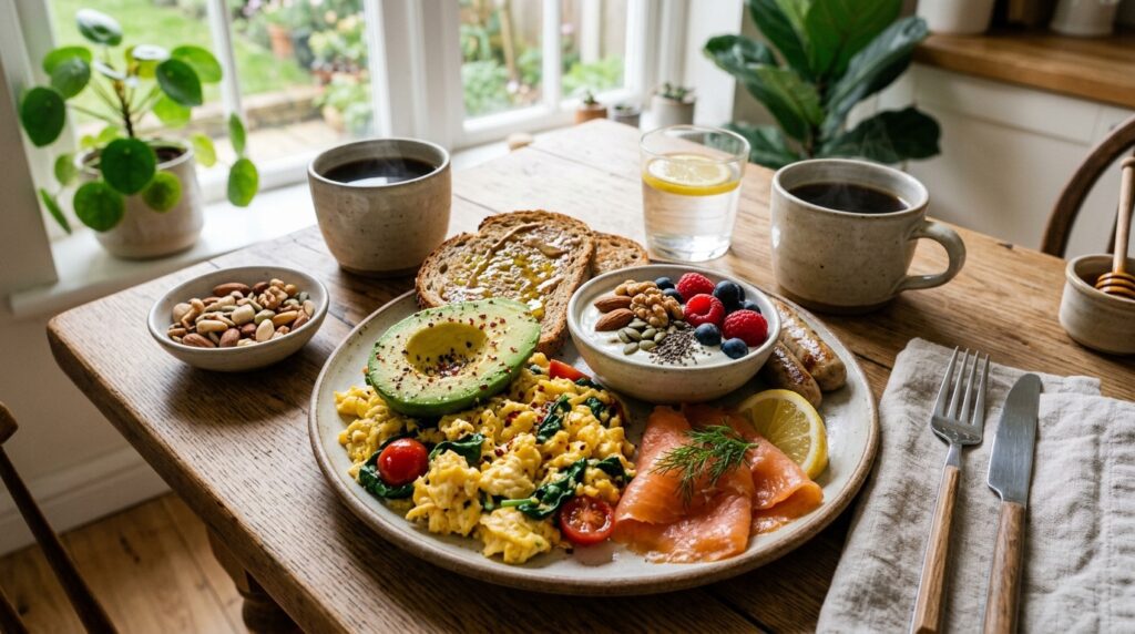 Desayuno rico en proteínas y grasas saludables para evitar la hipoglucemia reactiva y mantener la energía.