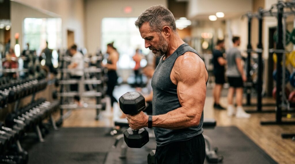 Estímulo de fuerza muscular con mancuernas complementado con una dieta correcta.