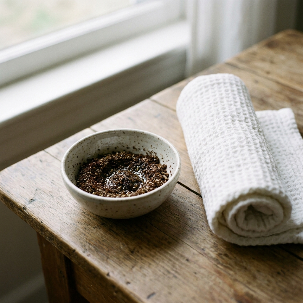 Exfoliante casero natural de café y aceite de oliva para el rostro masculino.