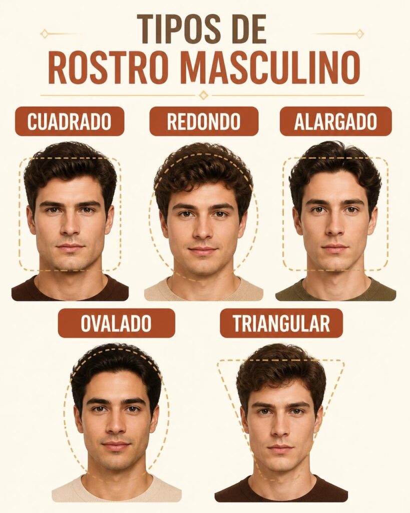 Guía visual de cinco formas de rostro masculino para elegir un corte de cabello
