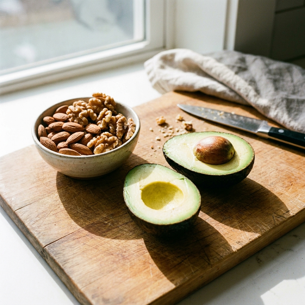 Grasas saludables como el aguacate y frutos secos para dar fuerza constante al cuerpo.