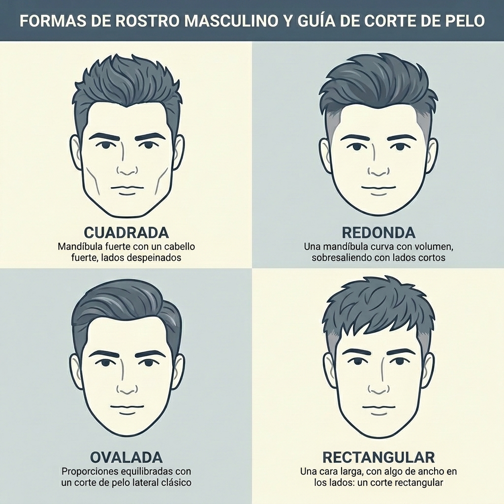 Guía visual de tipos de rostros masculinos para elegir el estilo adecuado.
