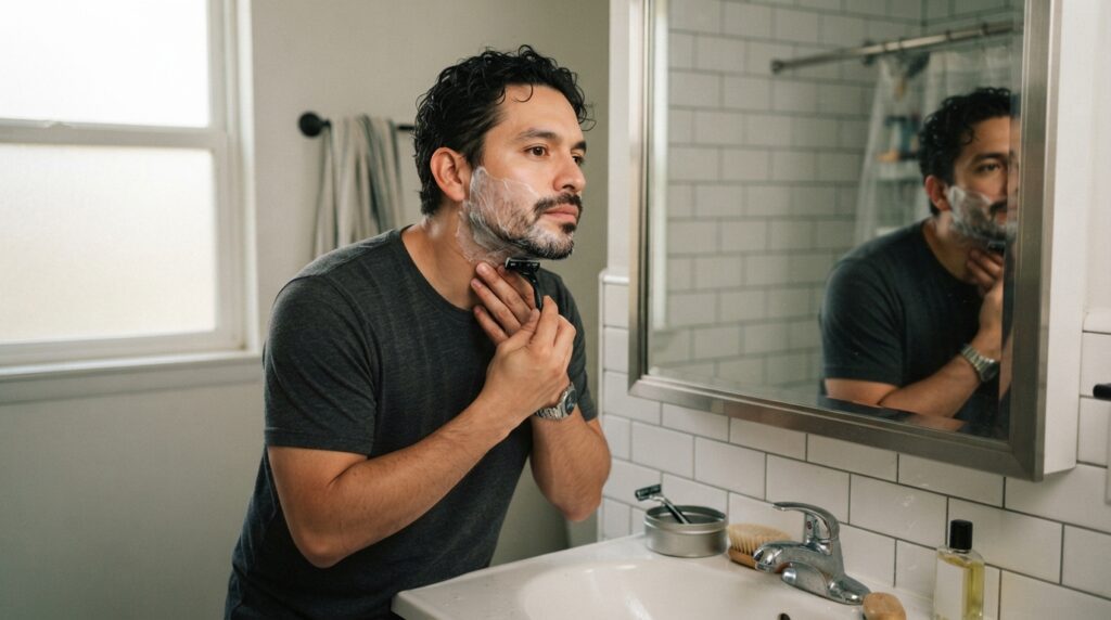 Hombre afeitándose correctamente para cuidar su piel