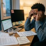 Hombre evaluando qué hacer cuando el trabajo afecta tu salud mental y causa agotamiento emocional.