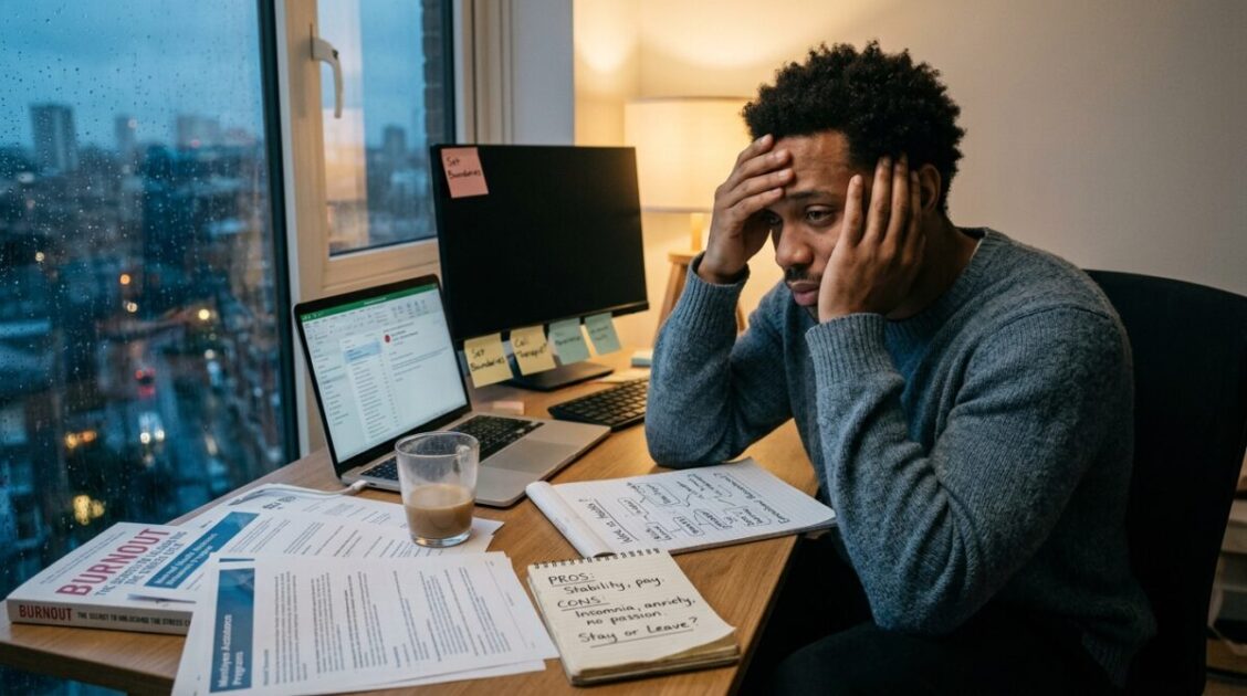 Hombre evaluando qué hacer cuando el trabajo afecta tu salud mental y causa agotamiento emocional.