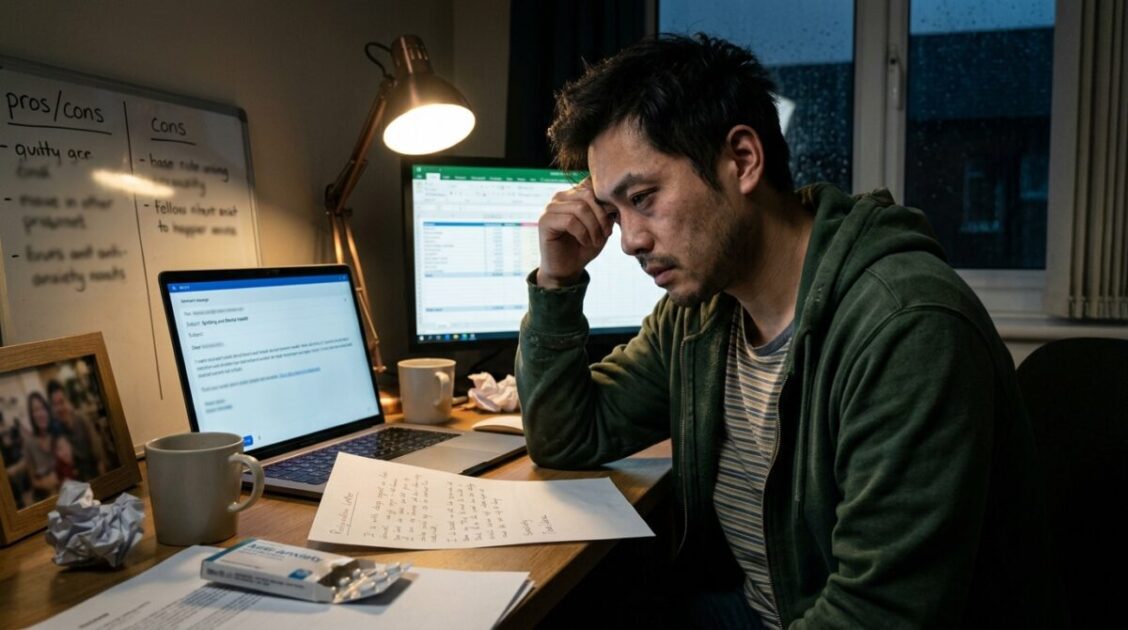 Hombre evaluando si debería renunciar a su trabajo por salud mental debido al estrés laboral crónico.