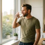 Hombre hidratándose por la mañana para aprender cómo tener más energía y vitalidad sin cafeína.