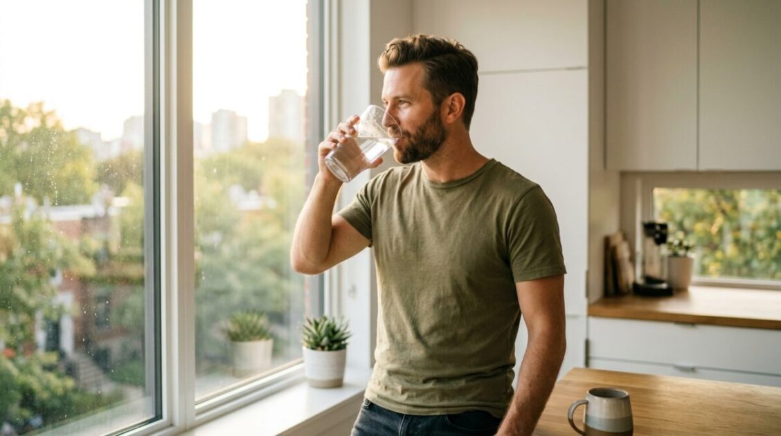 Hombre hidratándose por la mañana para aprender cómo tener más energía y vitalidad sin cafeína.