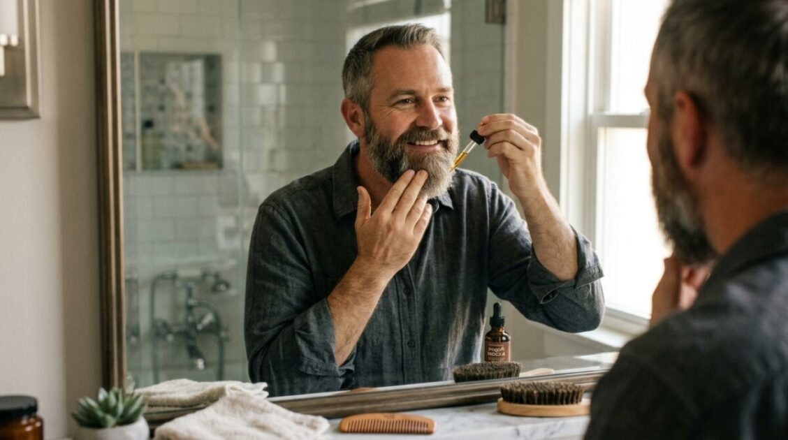 Hombre maduro aplicando aceite hidratante para mantener una barba bien arreglada y saludable.
