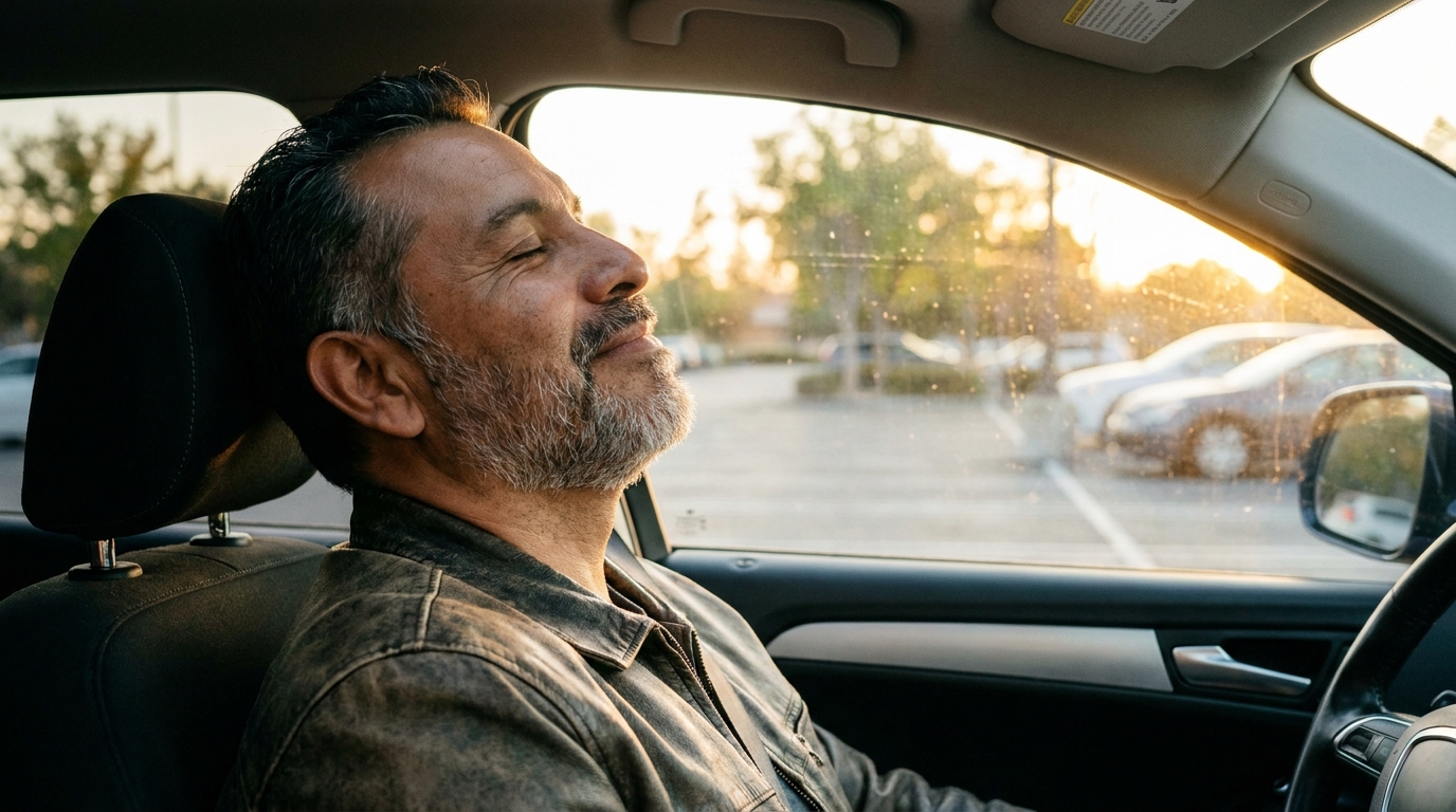 Hombre maduro aplicando la respiración táctica para meditar o relajarme después de trabajar en su vehículo.
