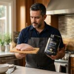 Hombre maduro evaluando la necesidad de comprar suplementos para ganar músculo frente a la comida real.