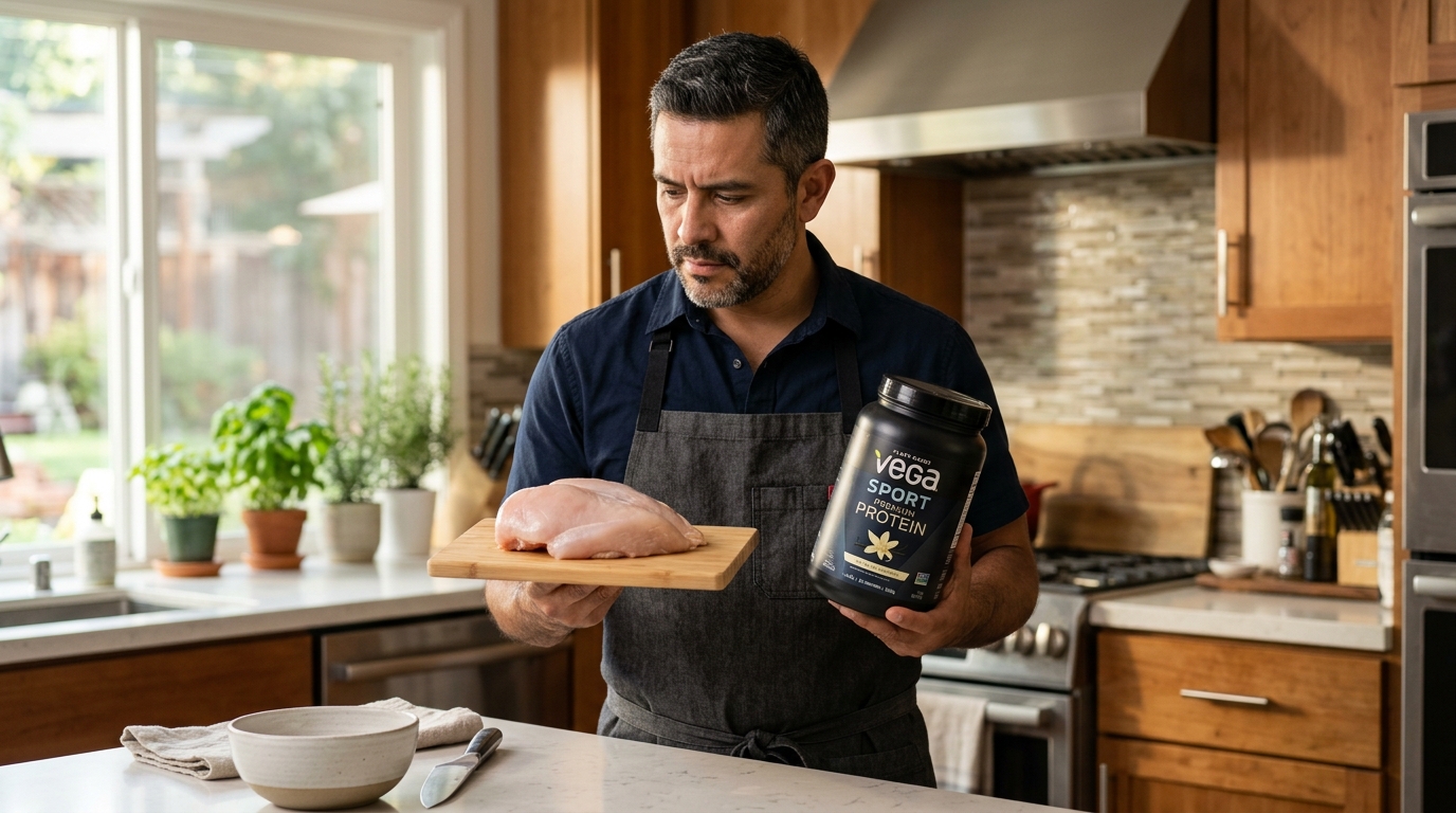 Hombre maduro evaluando la necesidad de comprar suplementos para ganar músculo frente a la comida real.