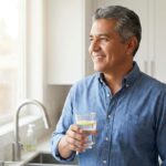 Hombre maduro hidratándose de forma saludable para tener energía y vitalidad sin cafeína.