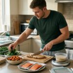 Hombre preparando alimentos ricos en proteínas y carbohidratos complejos para saber qué comer para ganar músculo.