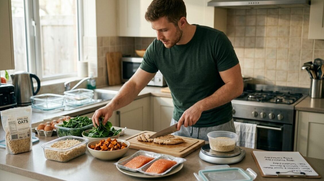 Hombre preparando alimentos ricos en proteínas y carbohidratos complejos para saber qué comer para ganar músculo.