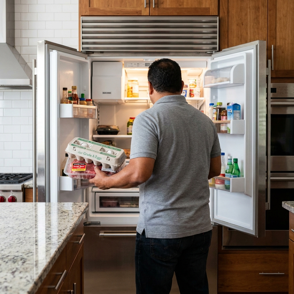 Hombre seleccionando fuentes de proteína magra y económica en su cocina para aumentar su masa muscular.