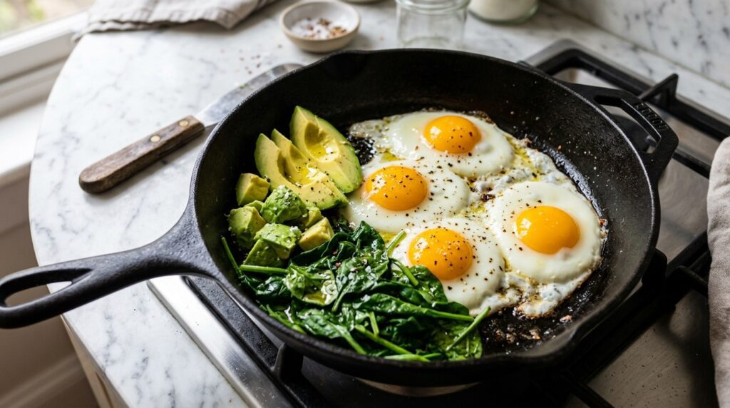Huevos y grasas saludables esenciales para la dieta de hipertrofia masculina.