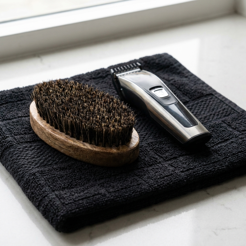 Kit de cepillo de madera y recortadora para conservar la forma de una barba bien arreglada y saludable.