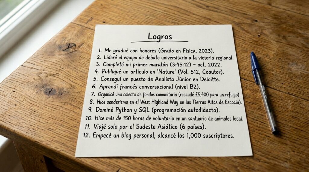 Lista de capacidades y éxitos profesionales anotados por un caballero.