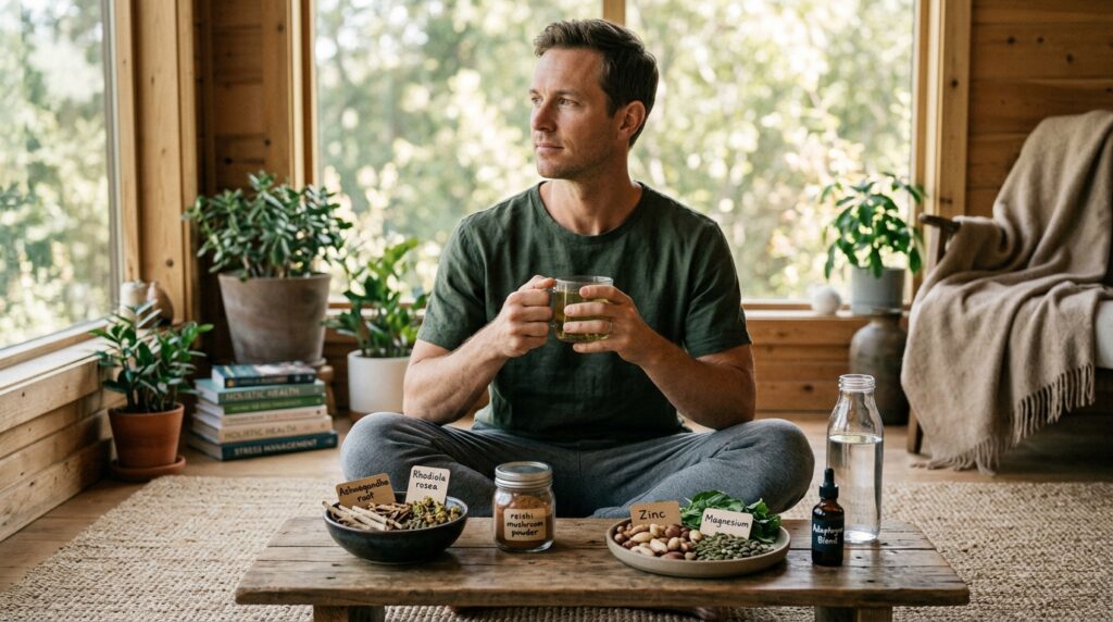 Minerales y adaptógenos naturales utilizados para regular el cortisol y optimizar el vigor masculino.