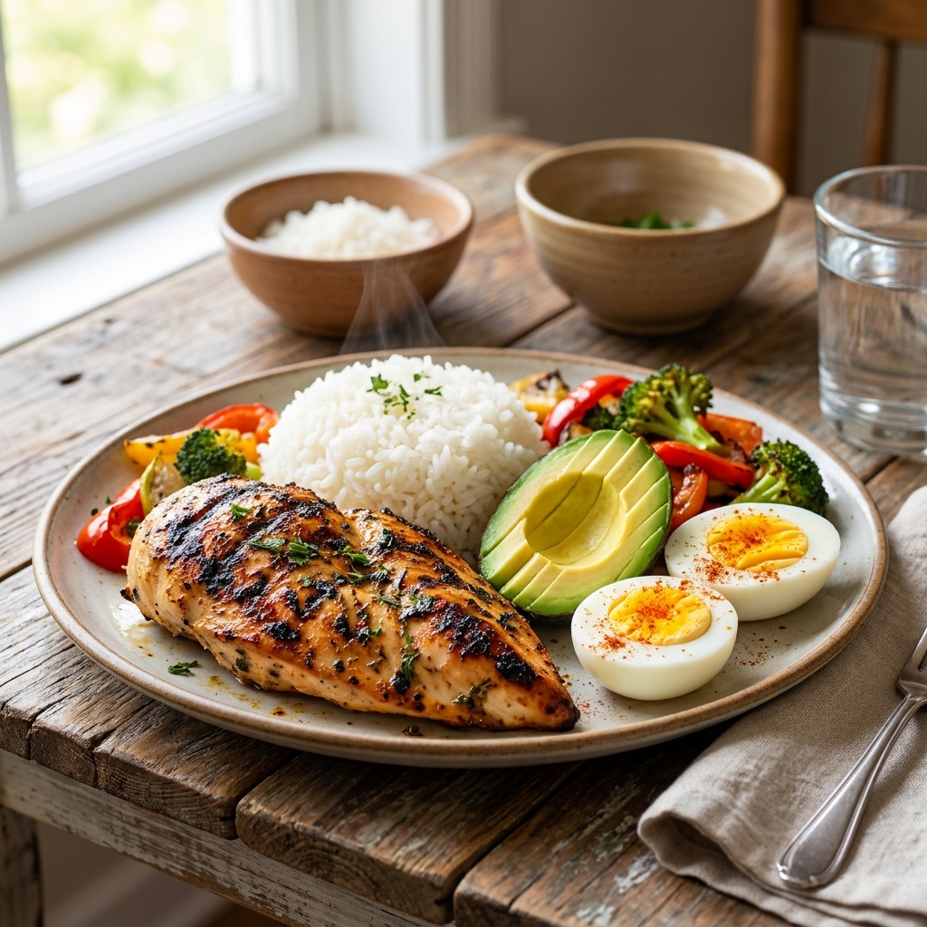 Plato completo con proteínas, carbohidratos complejos y grasas saludables ideales para comer para ganar músculo.