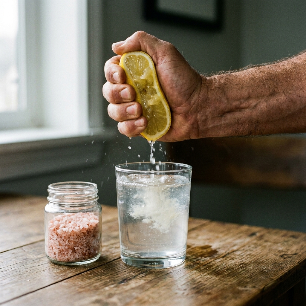 Preparación de un vaso de agua con limón y sal como electrolito natural por la mañana.