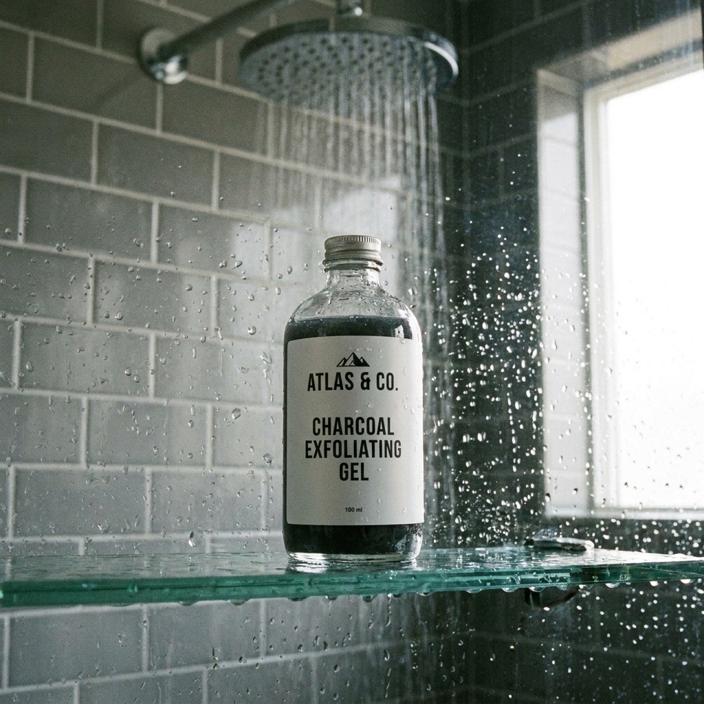 Producto cosmético de exfoliación masculina en el baño de su hogar.
