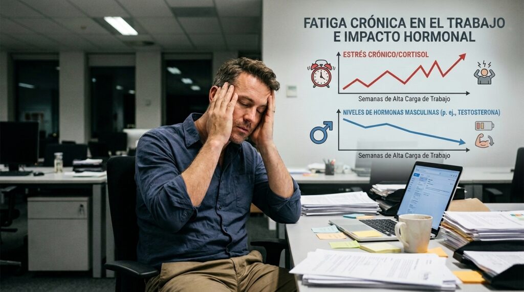 Representación de la fatiga laboral crónica y el impacto del estrés en los niveles hormonales masculinos.