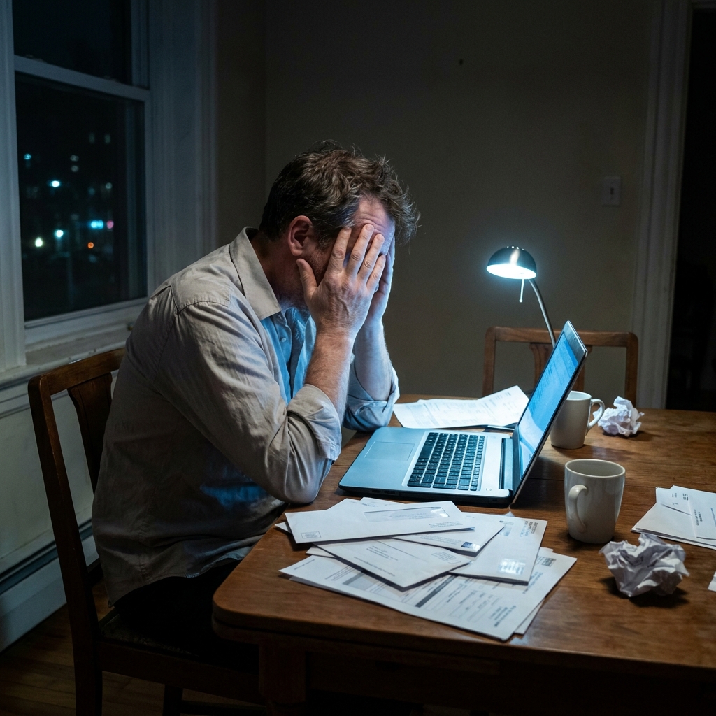 Síntomas de agotamiento extremo y estrés laboral crónico que dañan la salud mental del hombre.