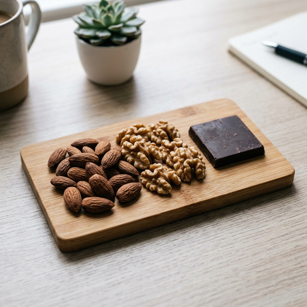 Snacks balanceados de frutos secos y chocolate amargo para recuperar el enfoque y la energía del hombre trabajador.