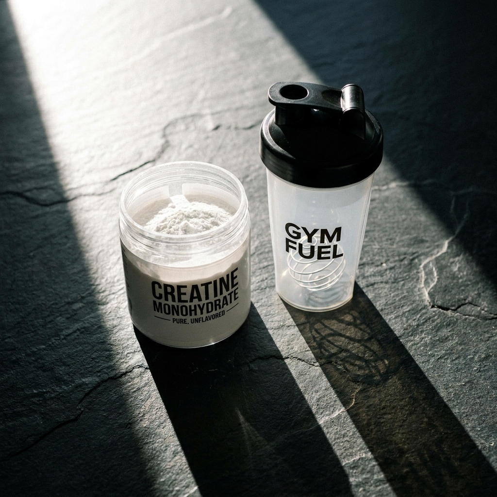 Tarro de creatina monohidratada, un suplemento eficiente para la fuerza muscular masculina.