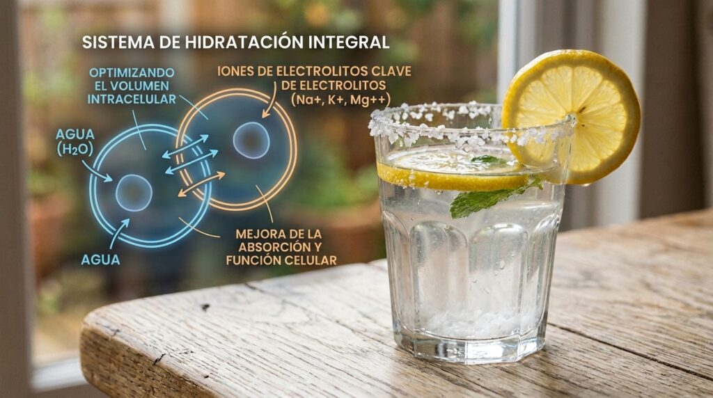 Vaso de agua con sal marina y limón para restaurar el volumen intracelular y la presión osmótica.