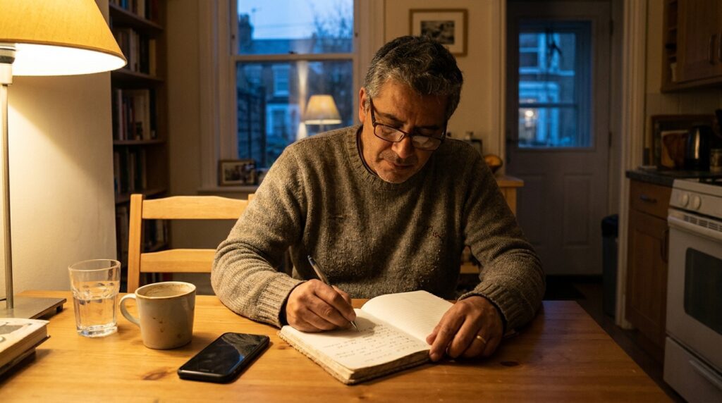 Hombre escribiendo en una libreta las tareas pendientes para el día siguiente