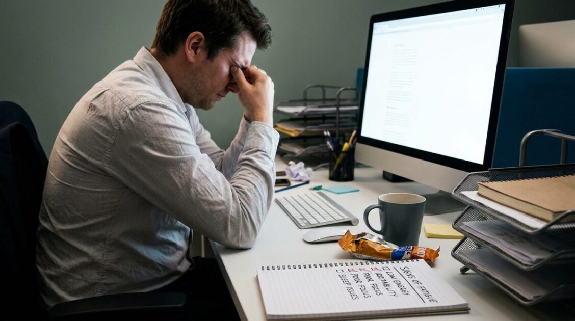 Hombre terminando su jornada laboral y buscando desconectarse