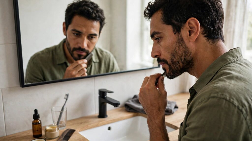 Hombre cuidando su barba frente al espejo