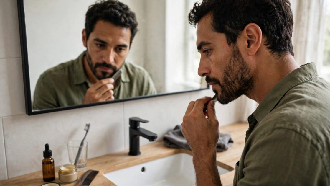 Hombre cuidando su barba frente al espejo