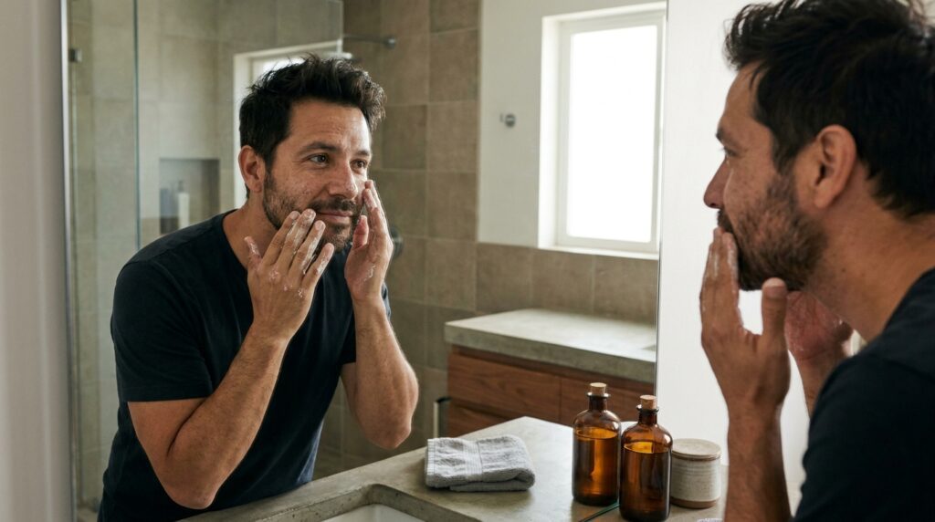 Hombre realizando una exfoliación facial suave