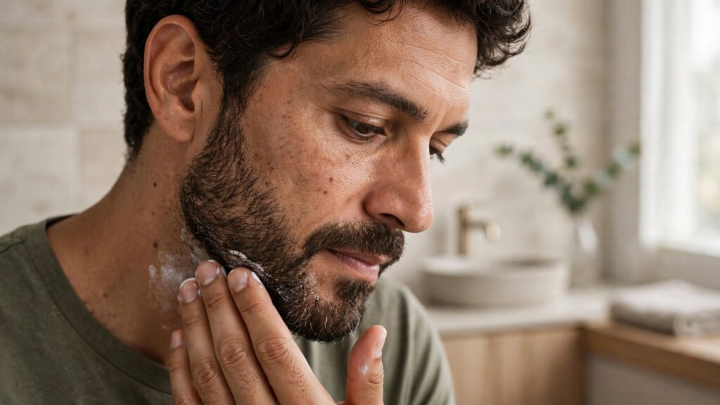 Hombre hidratando la piel debajo de su barba