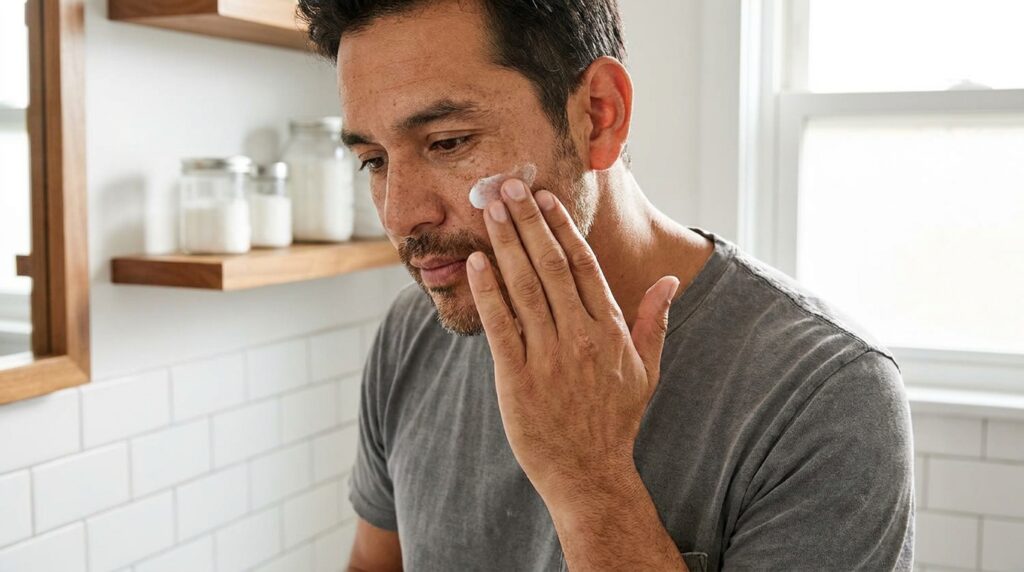 Hombre aplicando exfoliante facial suavemente