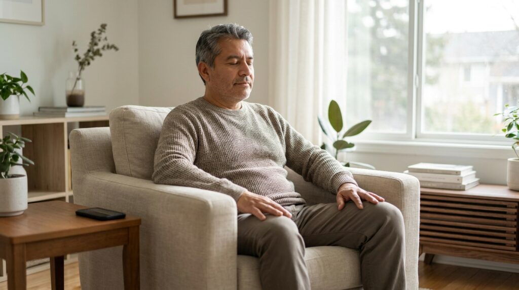 Hombre meditando durante unos minutos en la tranquilidad de su hogar