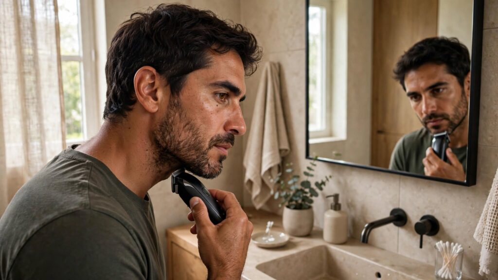 Hombre perfilando el cuello y las mejillas de su barba