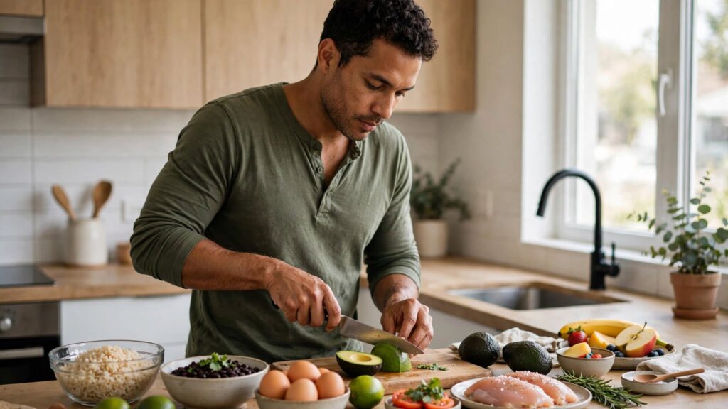 Hombre preparando una comida equilibrada para ganar músculo